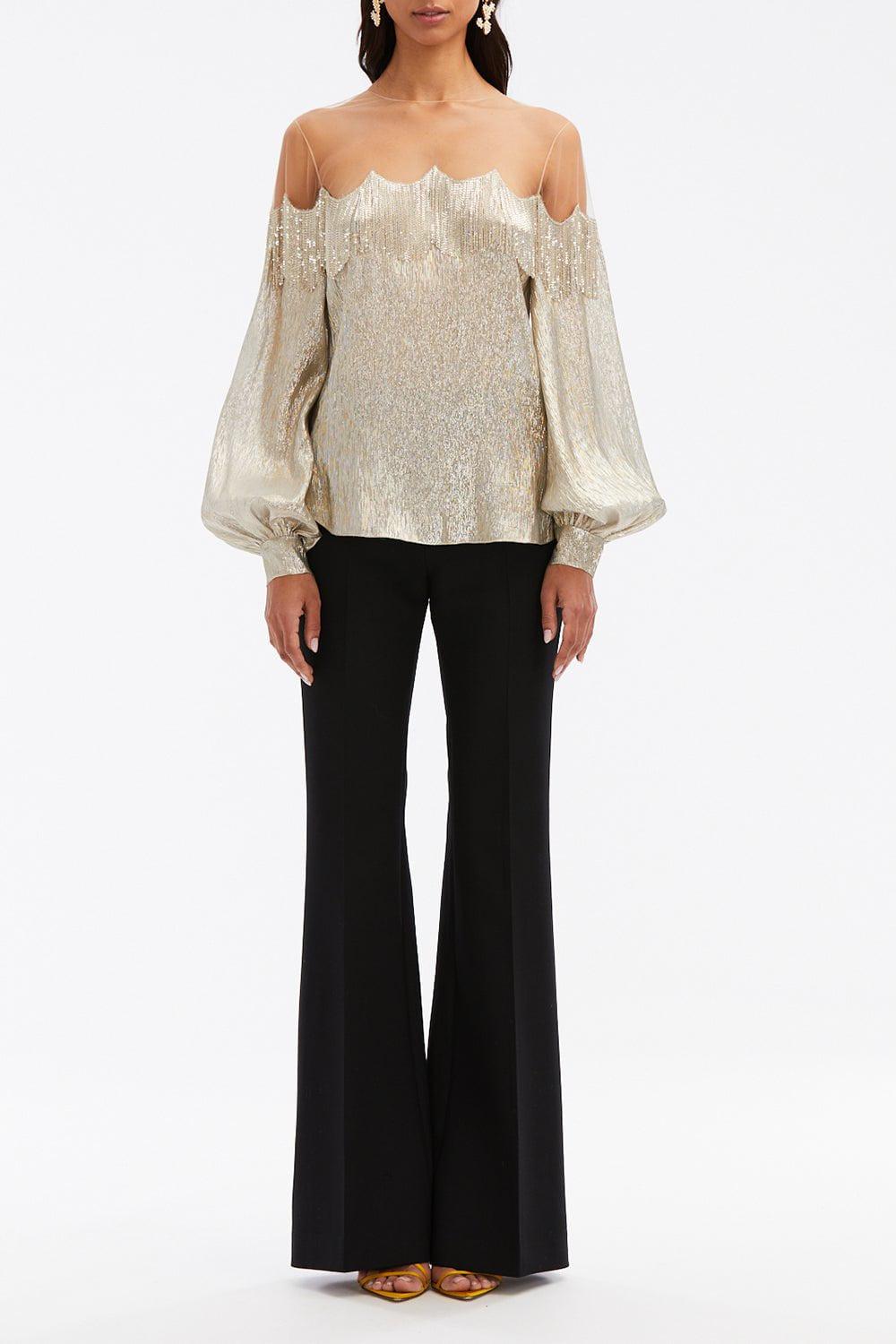 OSCAR DE LA RENTA-Long Sleeve Chain Fringe Embellished Blouse-