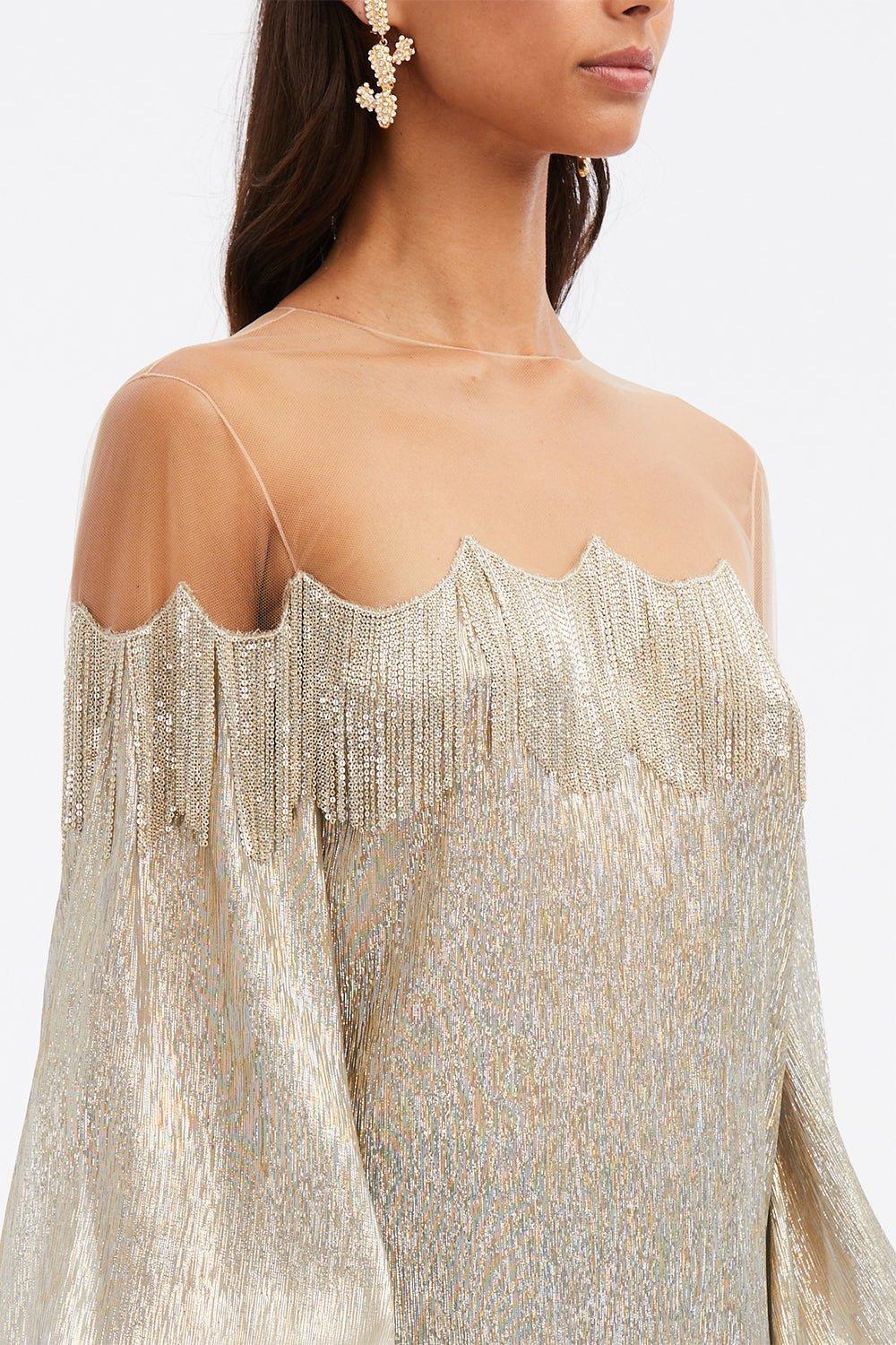 OSCAR DE LA RENTA-Long Sleeve Chain Fringe Embellished Blouse-