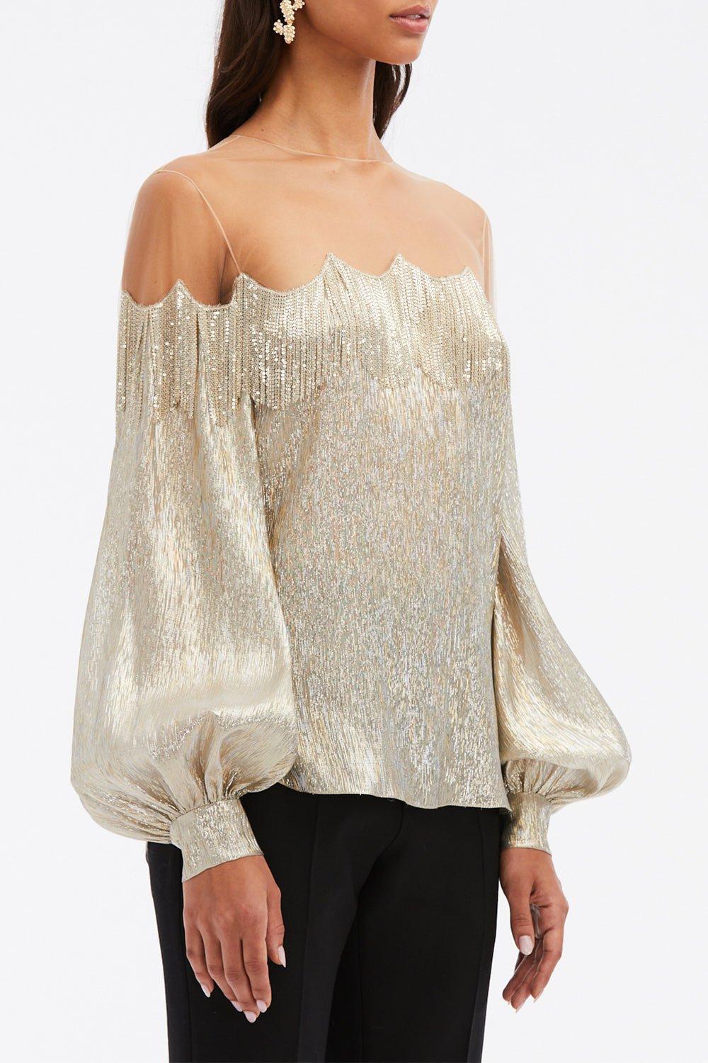 OSCAR DE LA RENTA-Long Sleeve Chain Fringe Embellished Blouse-