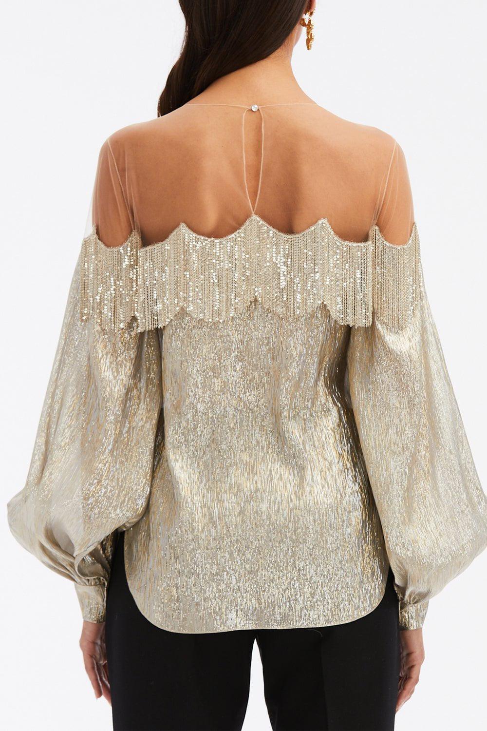 OSCAR DE LA RENTA-Long Sleeve Chain Fringe Embellished Blouse-