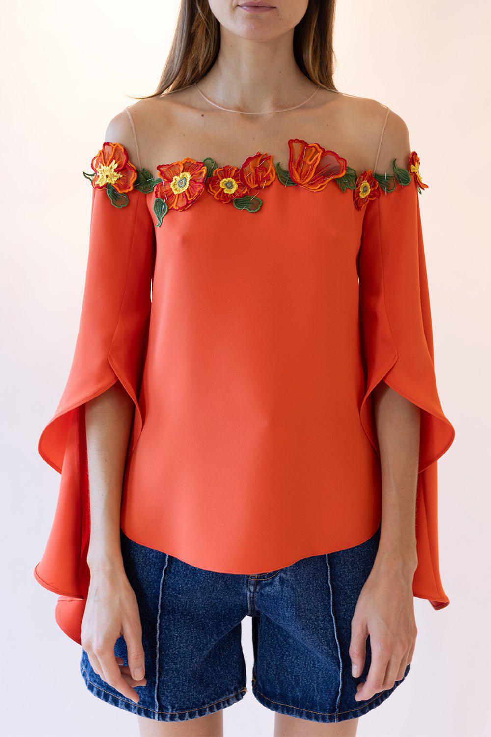 OSCAR DE LA RENTA-Illusion Neck Poppies Blouse-
