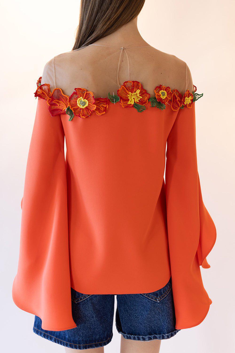OSCAR DE LA RENTA-Illusion Neck Poppies Blouse-