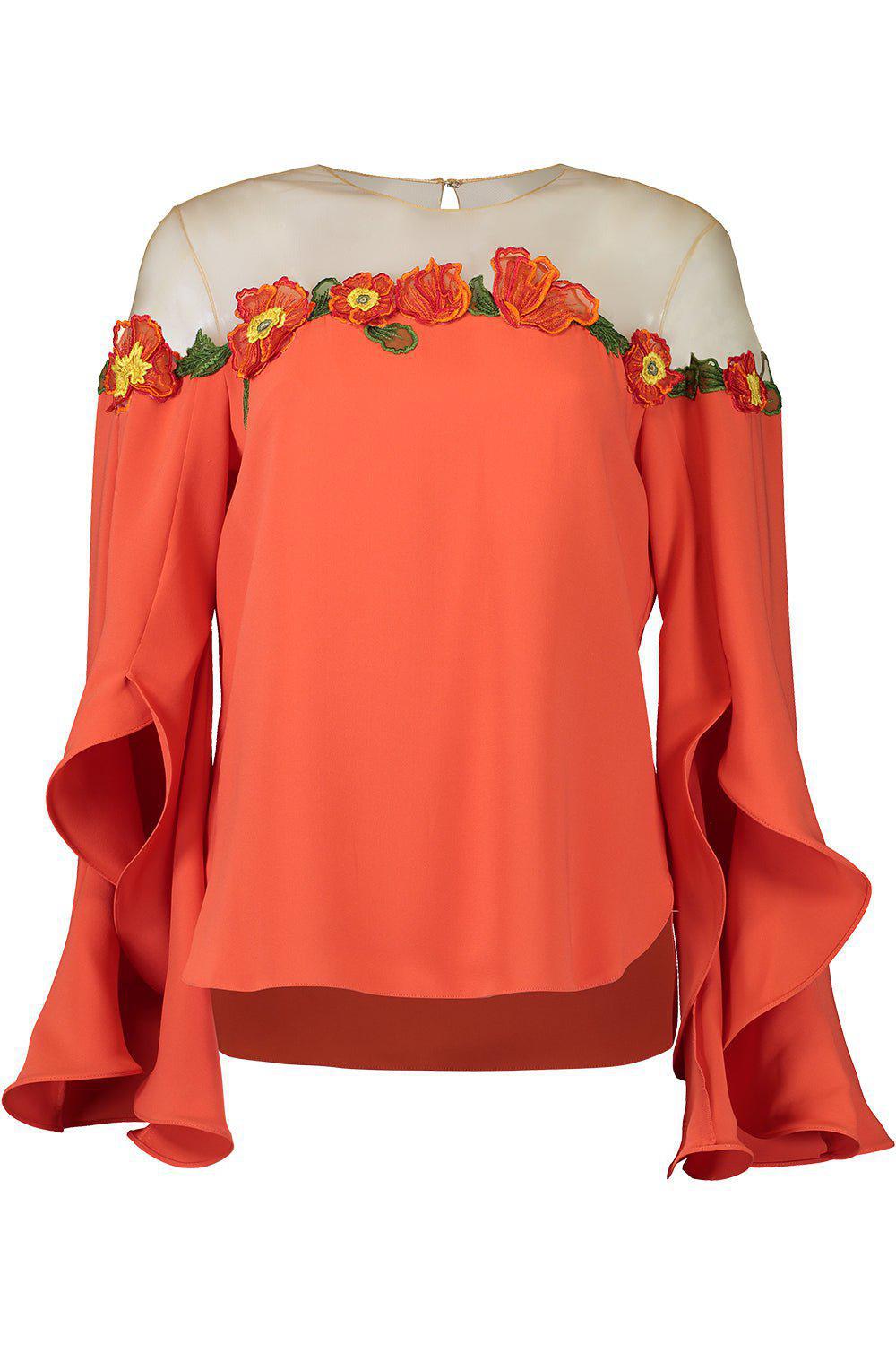 OSCAR DE LA RENTA-Illusion Neck Poppies Blouse-
