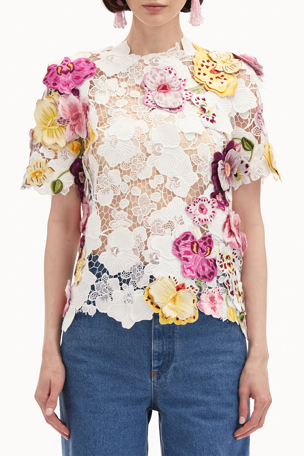 Short Sleeve Orchid Threadwork Blouse-WHITE-4-CLOTHINGTOPBLOUSE-OSCAR DE LA RENTA