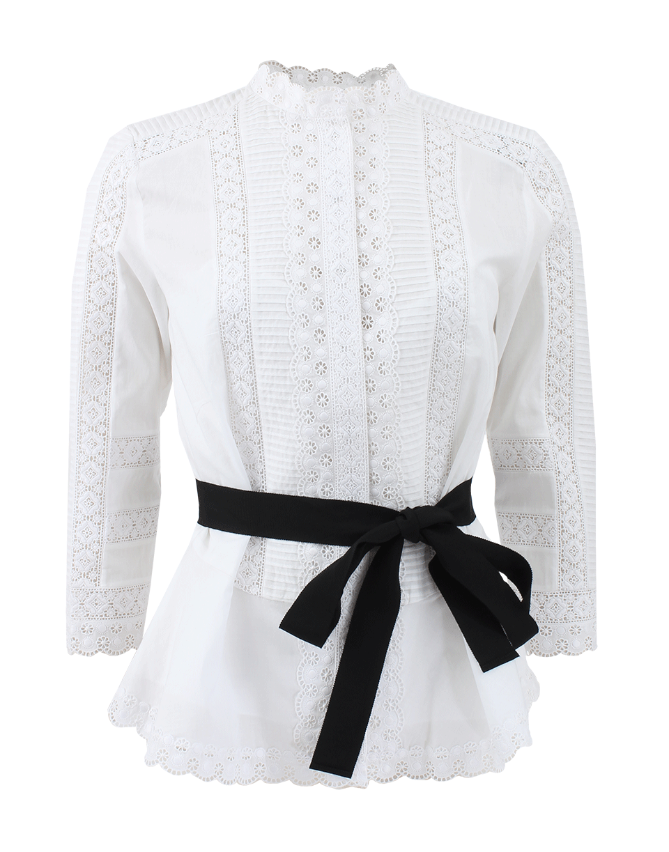 OSCAR DE LA RENTA-Three-Quarter Cotton Voile Back Tie Blouse-