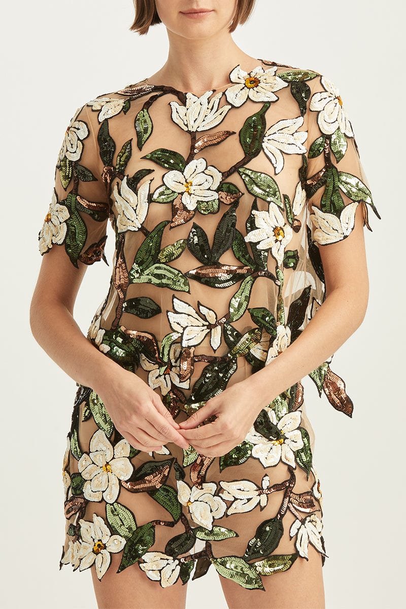 OSCAR DE LA RENTA-Magnolia Floral Sequin Blouse-WHT/MLT