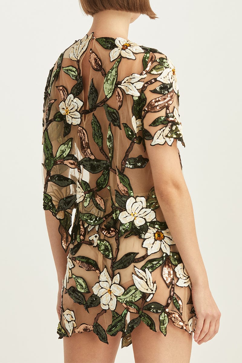 OSCAR DE LA RENTA-Magnolia Floral Sequin Blouse-WHT/MLT
