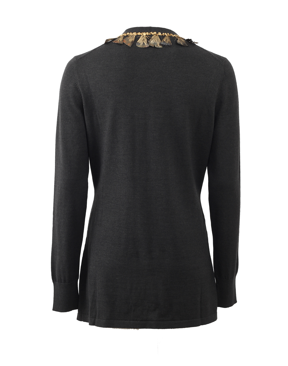 OSCAR DE LA RENTA-Long Cardigan With Feather Embroidery-