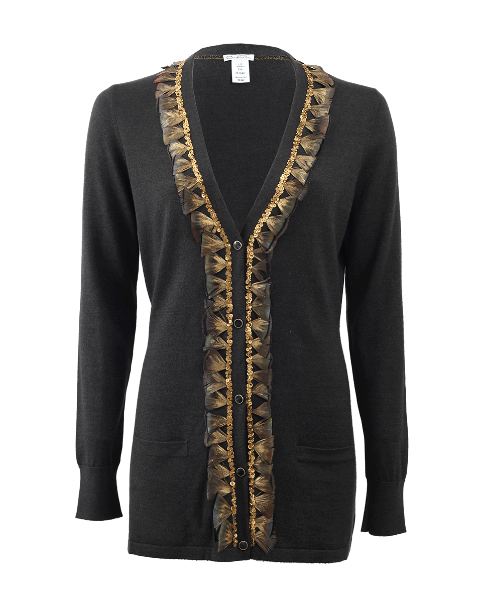 OSCAR DE LA RENTA-Long Cardigan With Feather Embroidery-