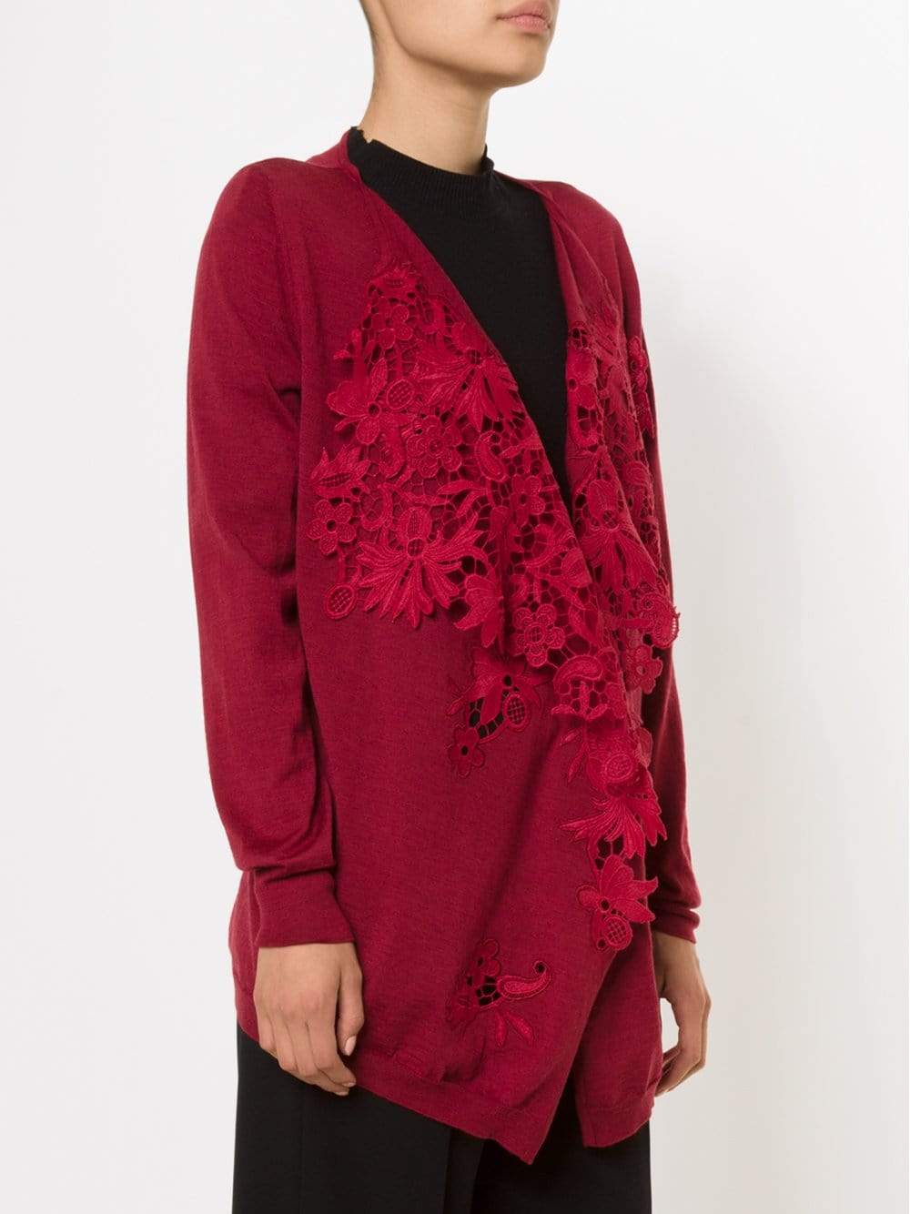 OSCAR DE LA RENTA-Draped Lace Front Cardigan-CLARET