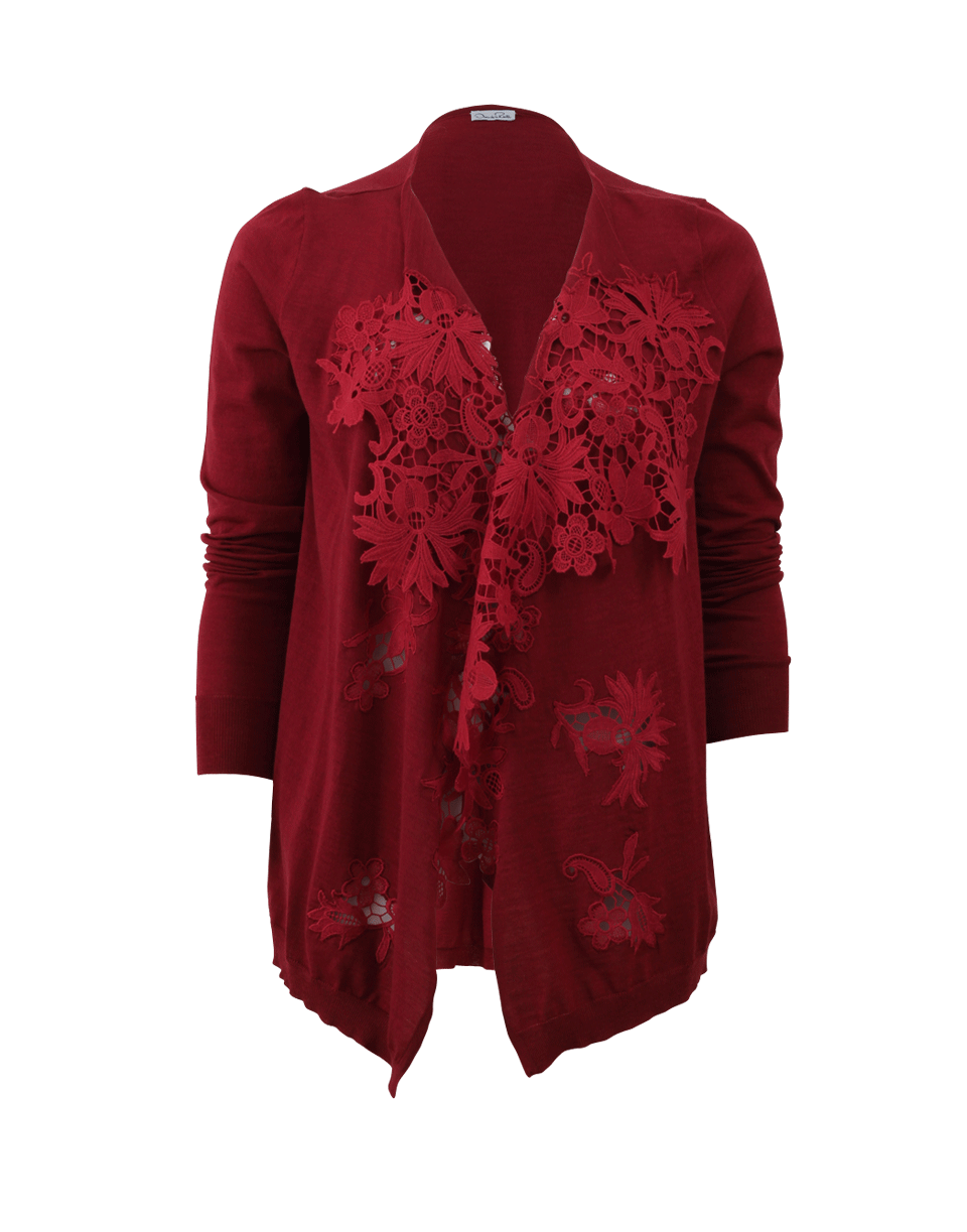 OSCAR DE LA RENTA-Draped Lace Front Cardigan-CLARET