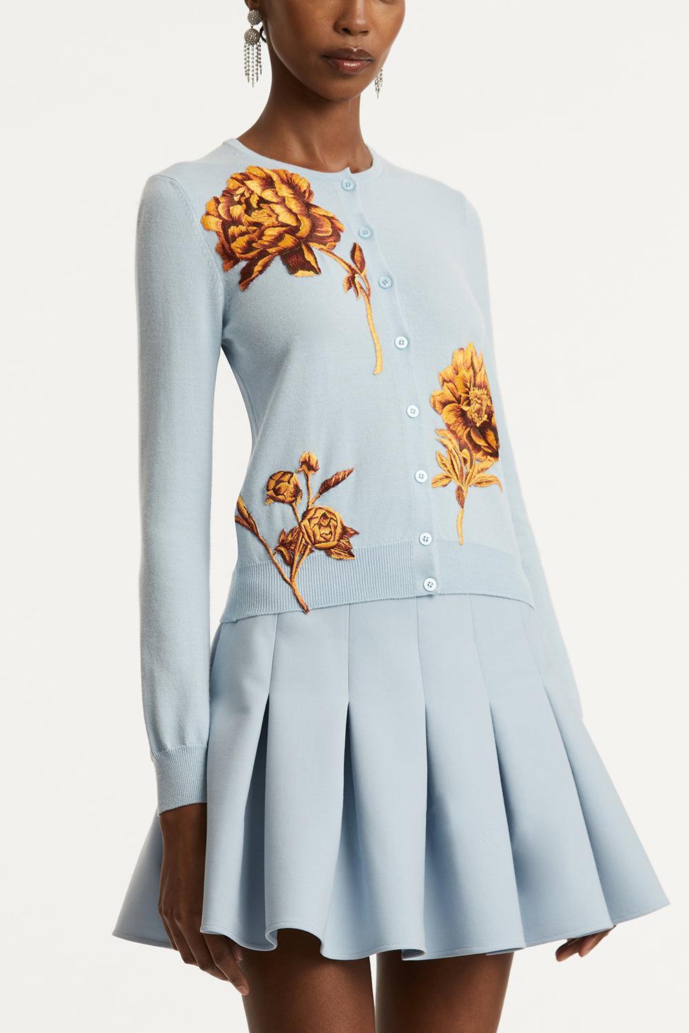 Tonal Peony Embroidered Cardigan-ICY BLUE-S-CLOTHINGTOPCARDIGAN-OSCAR DE LA RENTA