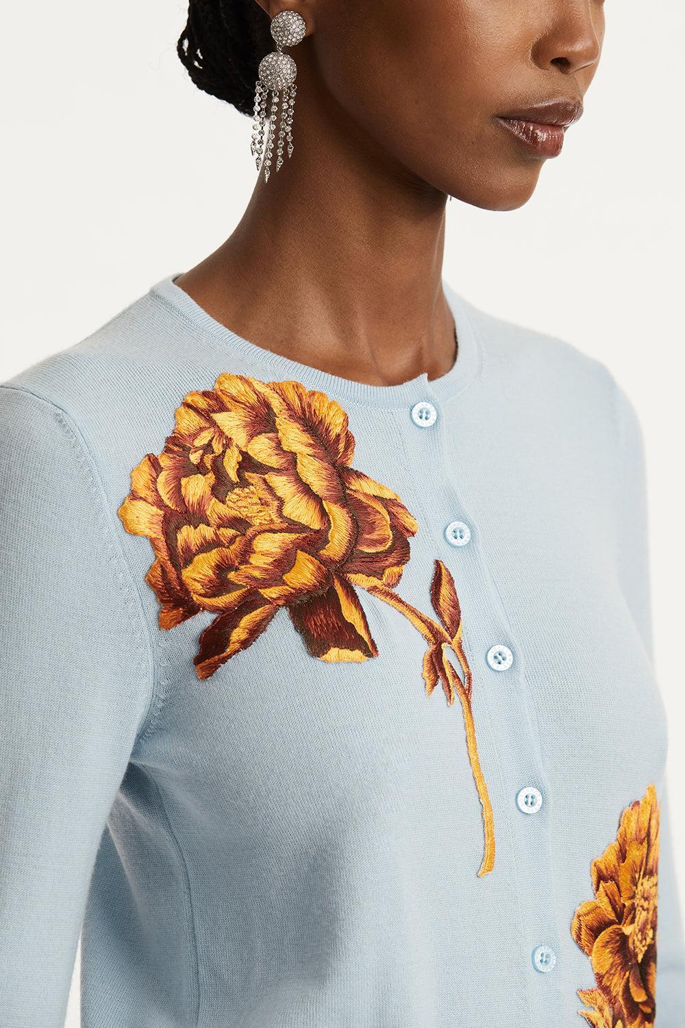 Tonal Peony Embroidered Cardigan-ICY BLUE-S-CLOTHINGTOPCARDIGAN-OSCAR DE LA RENTA