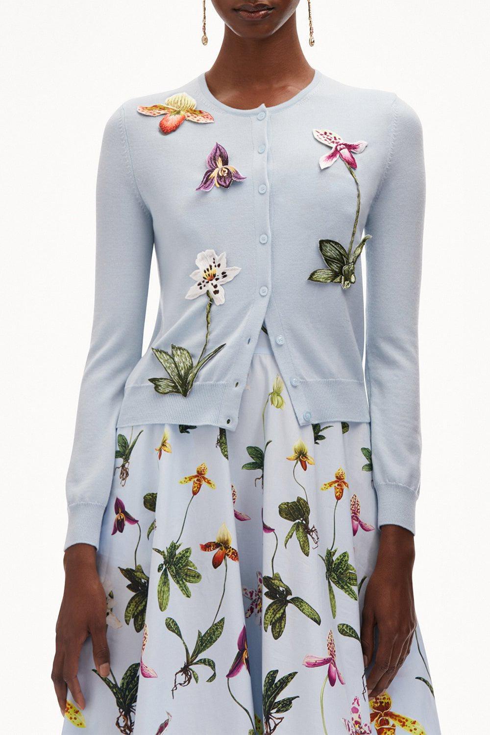 OSCAR DE LA RENTA-Orchid Embroidered Crewneck Cardigan-LT BLUE
