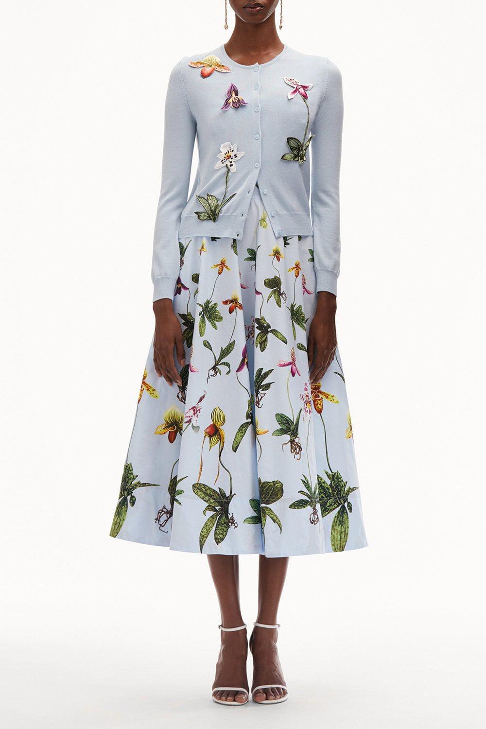OSCAR DE LA RENTA-Orchid Embroidered Crewneck Cardigan-LT BLUE