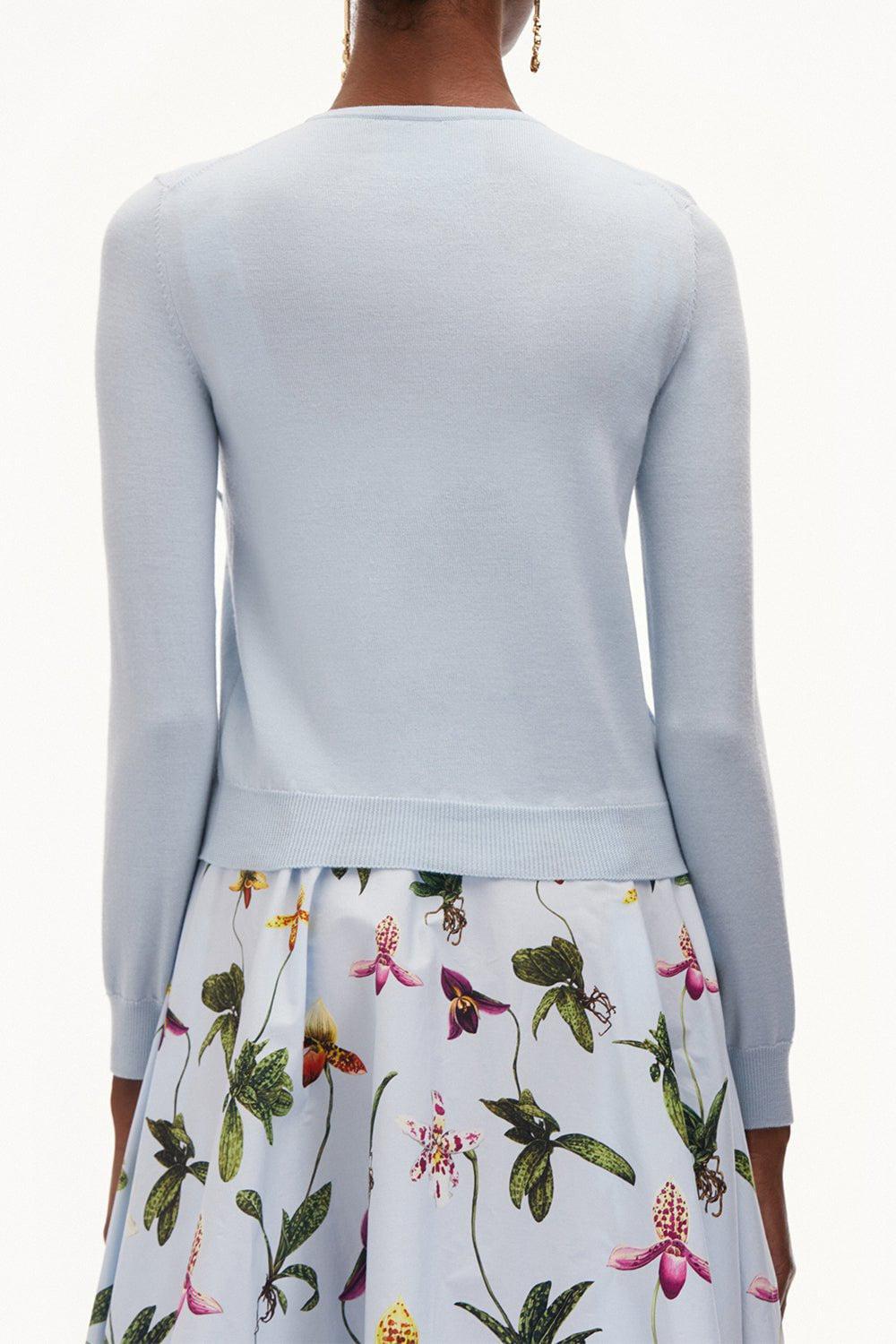OSCAR DE LA RENTA-Orchid Embroidered Crewneck Cardigan-LT BLUE