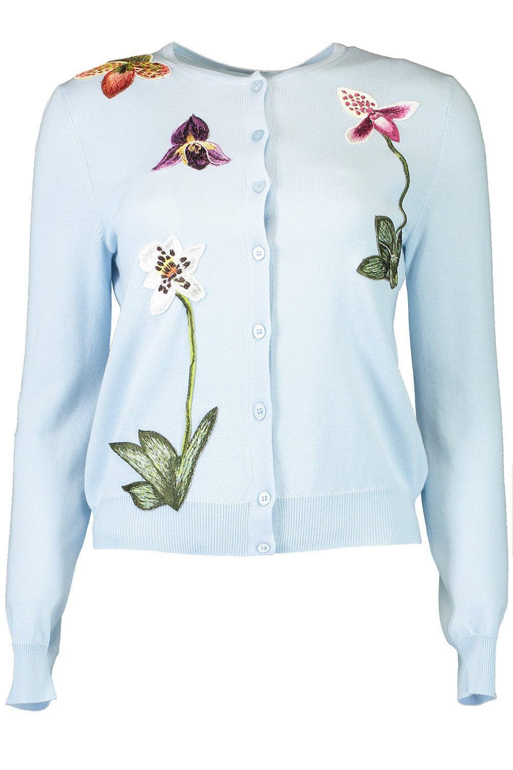 OSCAR DE LA RENTA-Orchid Embroidered Crewneck Cardigan-LT BLUE