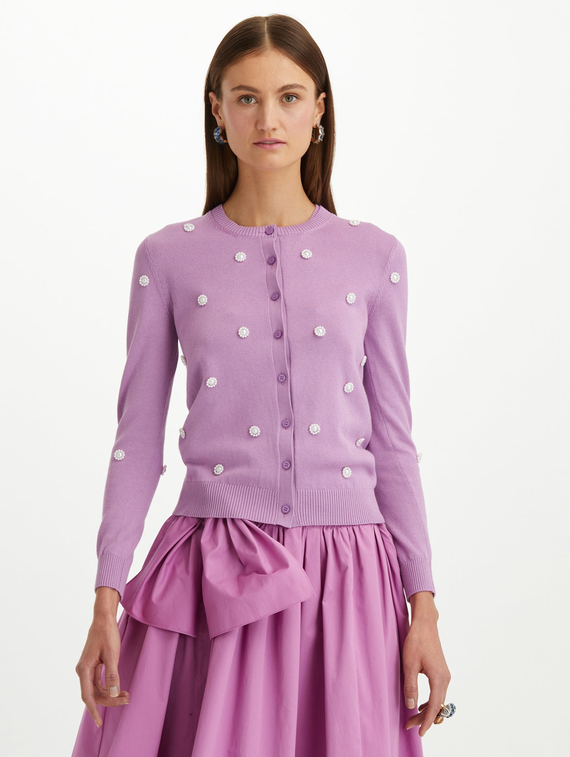 OSCAR DE LA RENTA-Long Sleeve Pearl Embroidered Cardigan-