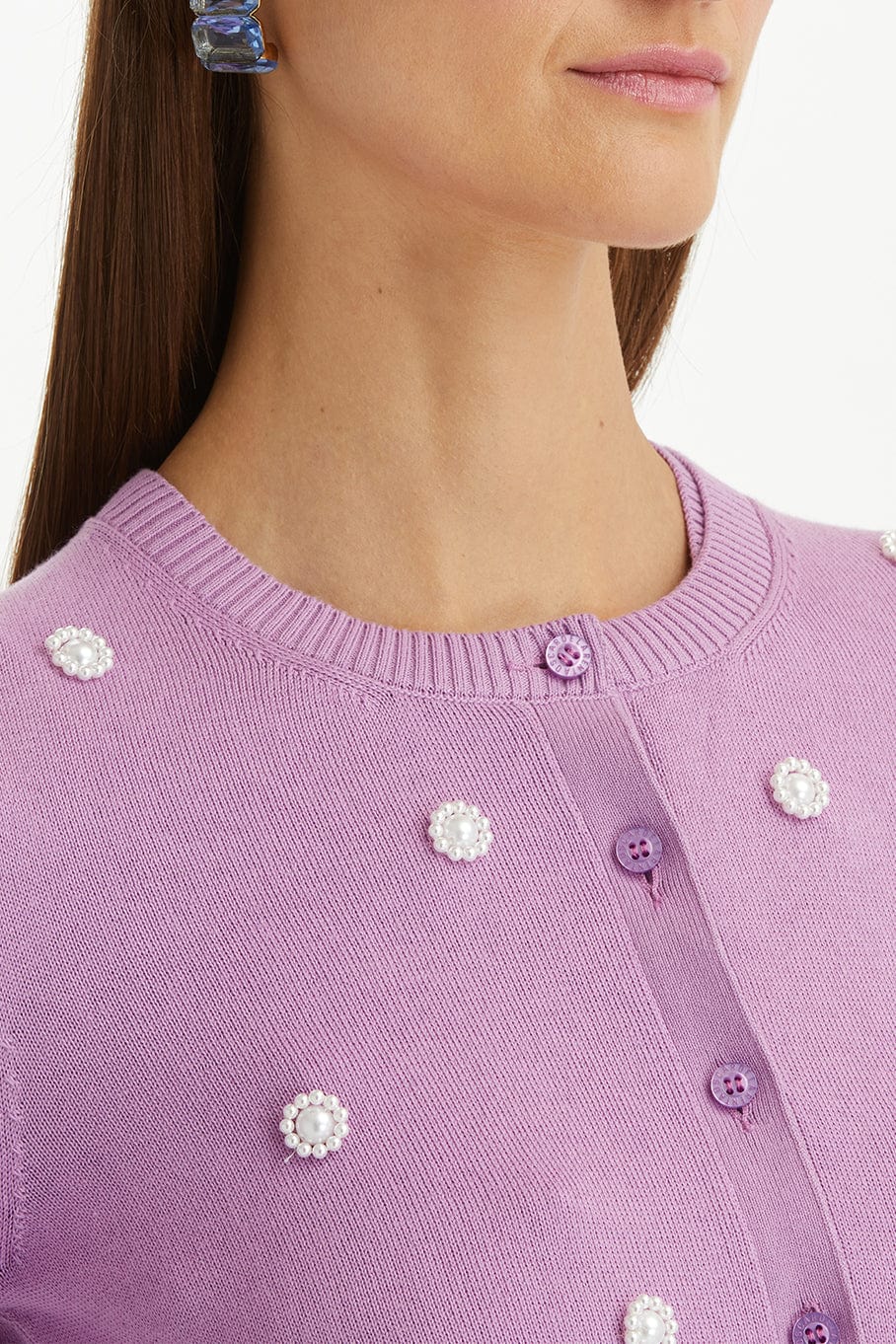 OSCAR DE LA RENTA-Long Sleeve Pearl Embroidered Cardigan-