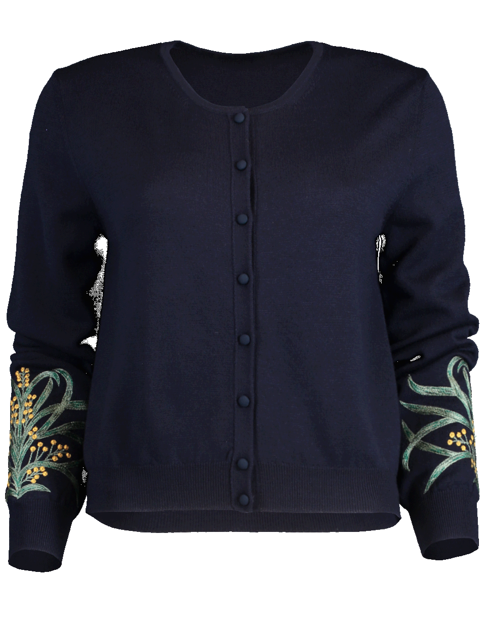 OSCAR DE LA RENTA-Mimosa Embroidered Crewneck Cardigan-NAVY