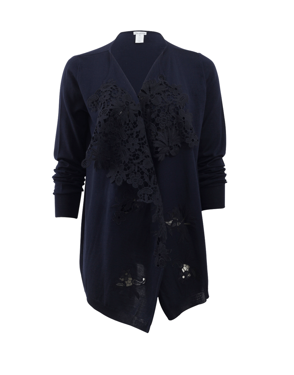 OSCAR DE LA RENTA-Lace Drape Front Cardigan-NAVY