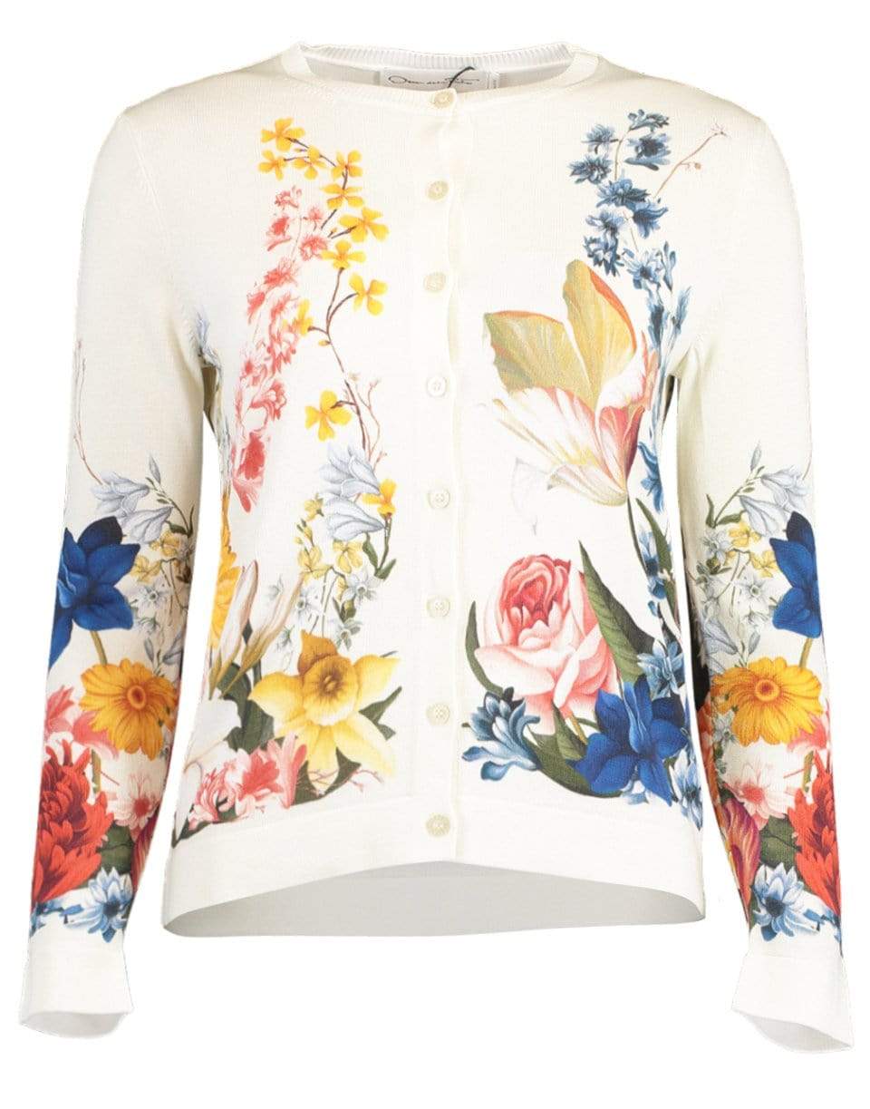 OSCAR DE LA RENTA-Long Sleeve Button Front Floral Cardigan-