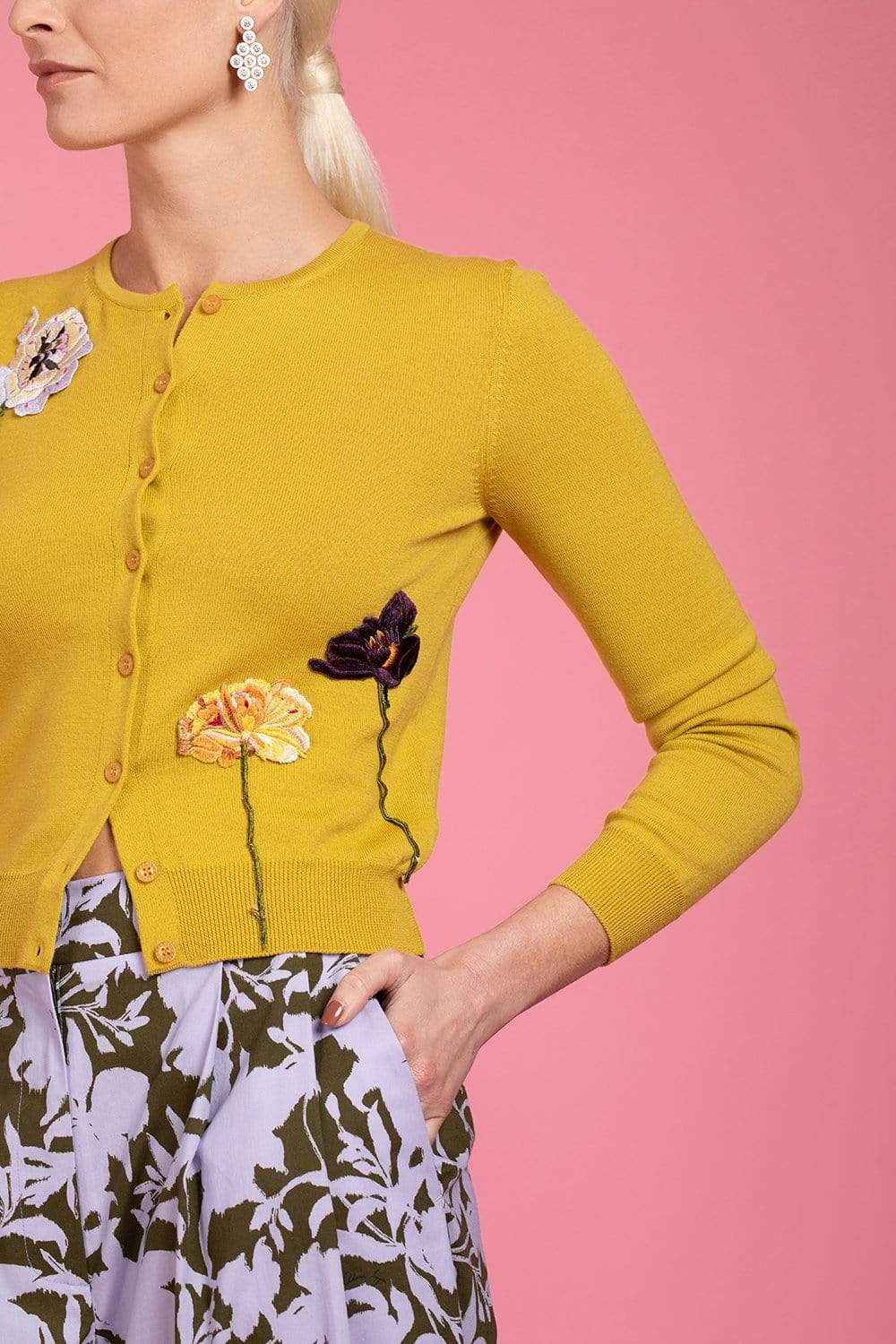 OSCAR DE LA RENTA-Floral Threadwork Cardigan - Yellow-