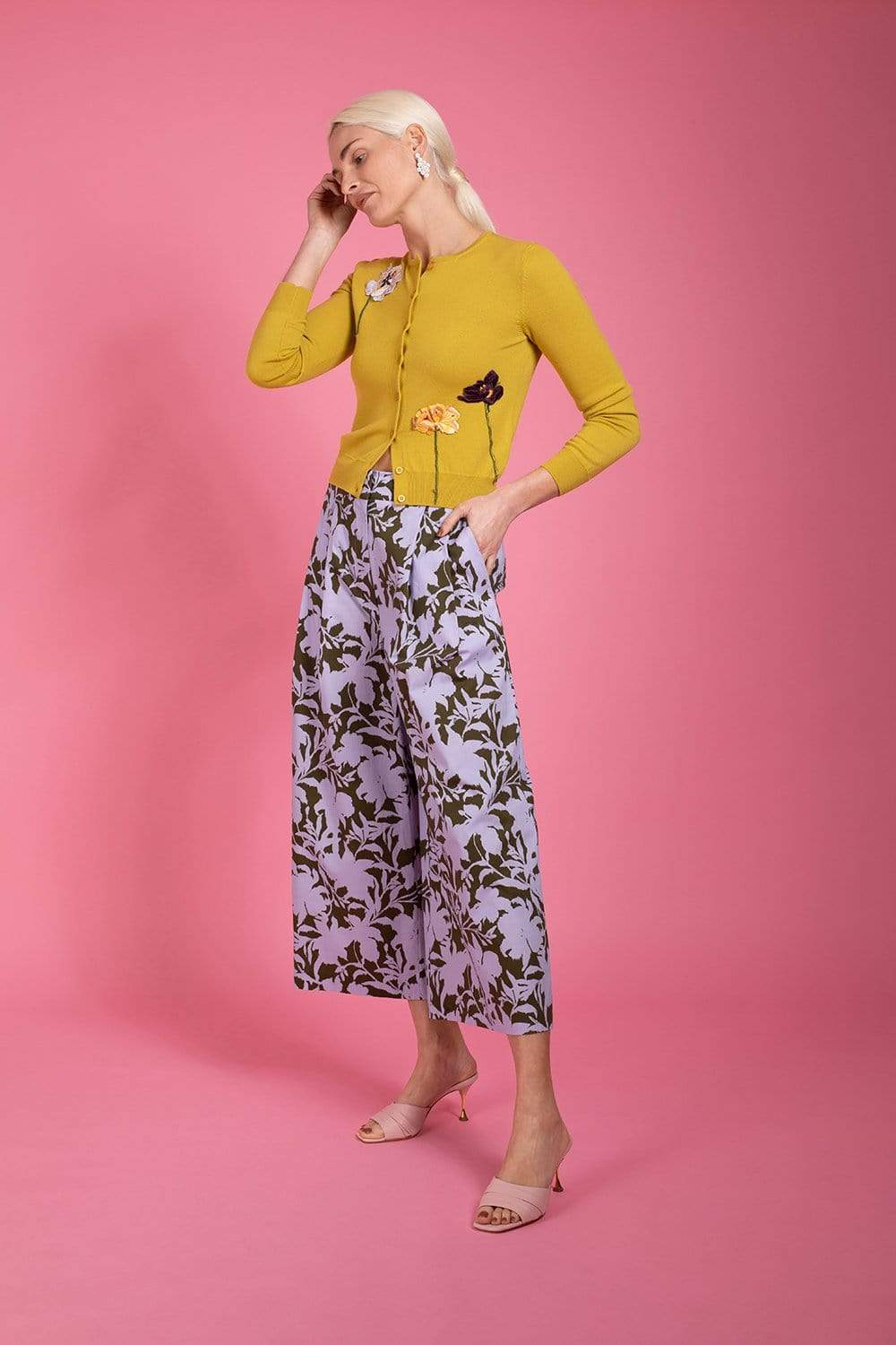 OSCAR DE LA RENTA-Floral Threadwork Cardigan - Yellow-
