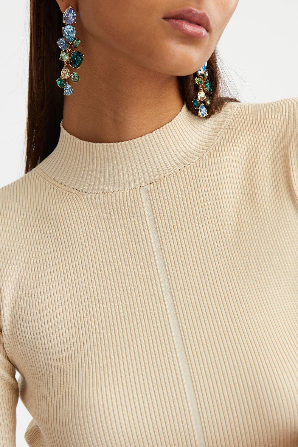 OSCAR DE LA RENTA-Short Sleeve Mock Neck Ribbed Pullover-