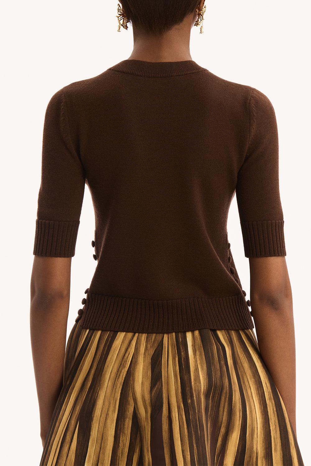 Three Quarter Sleeve Buttons Detail Pullover-BROWN-S-CLOTHINGTOPKNITS-OSCAR DE LA RENTA