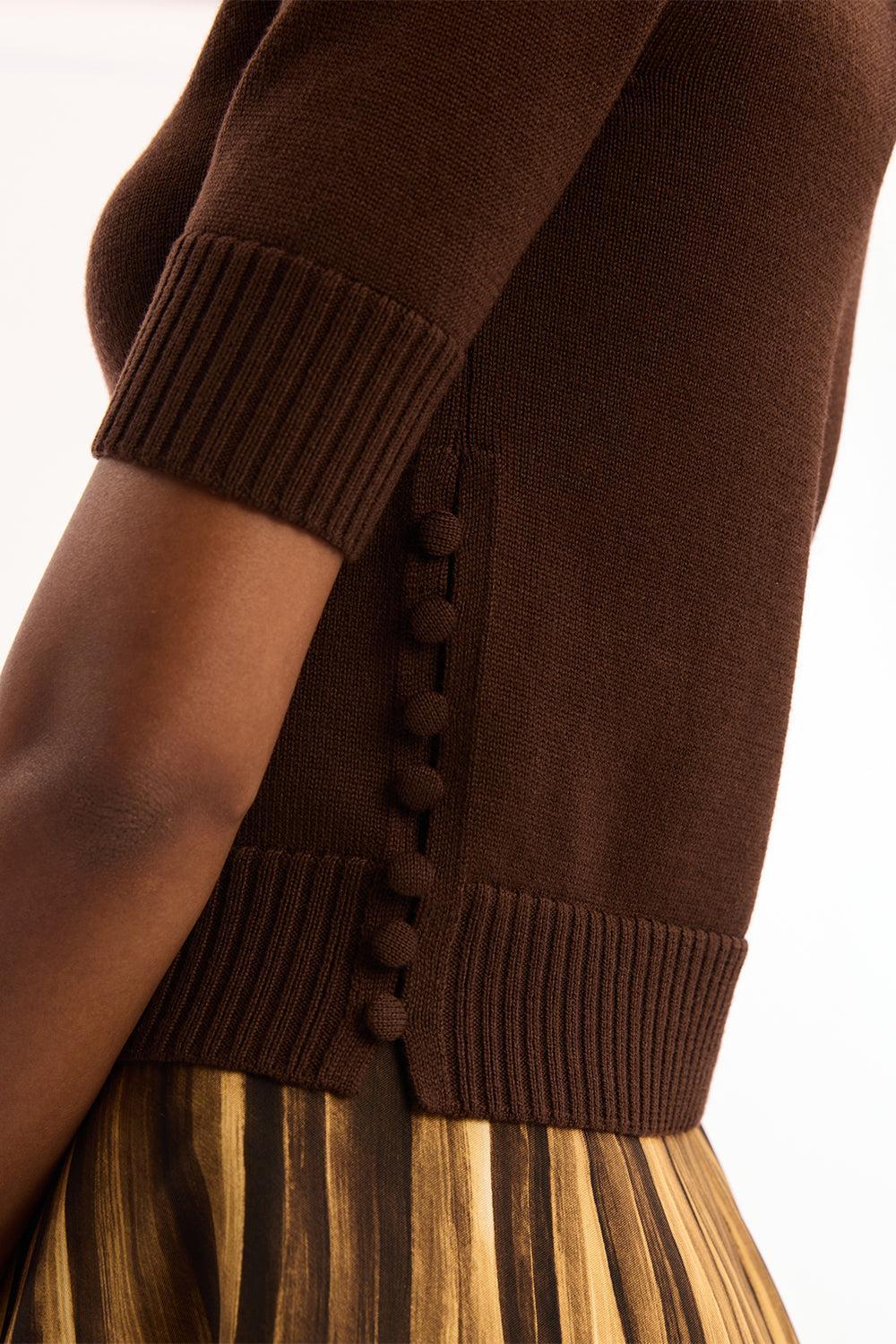 Three Quarter Sleeve Buttons Detail Pullover-BROWN-S-CLOTHINGTOPKNITS-OSCAR DE LA RENTA