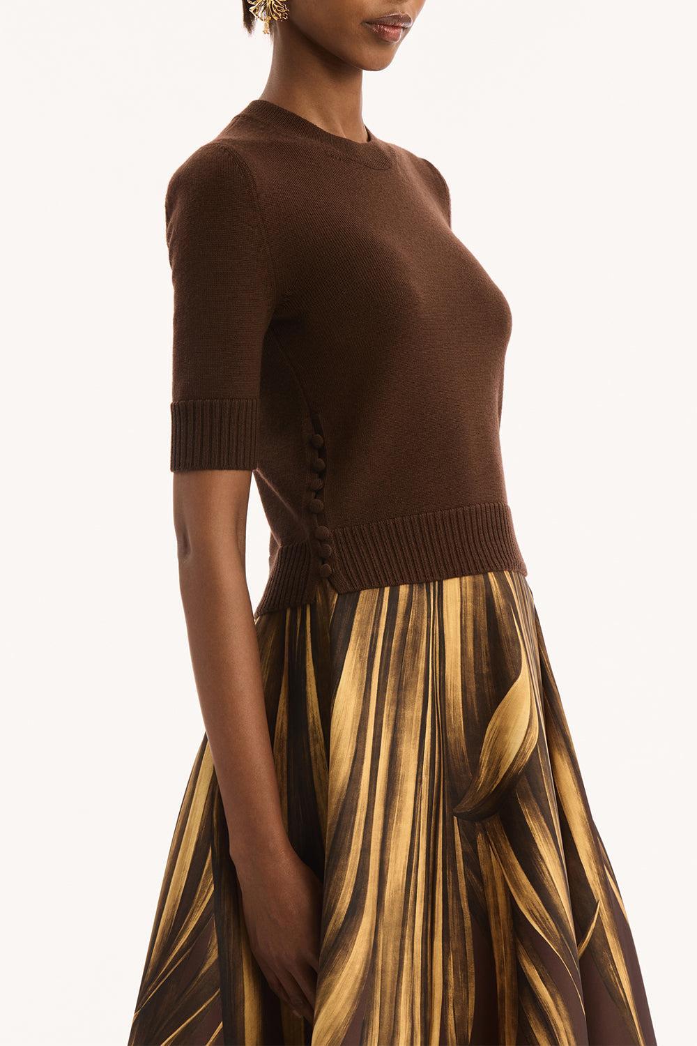 Three Quarter Sleeve Buttons Detail Pullover-BROWN-S-CLOTHINGTOPKNITS-OSCAR DE LA RENTA