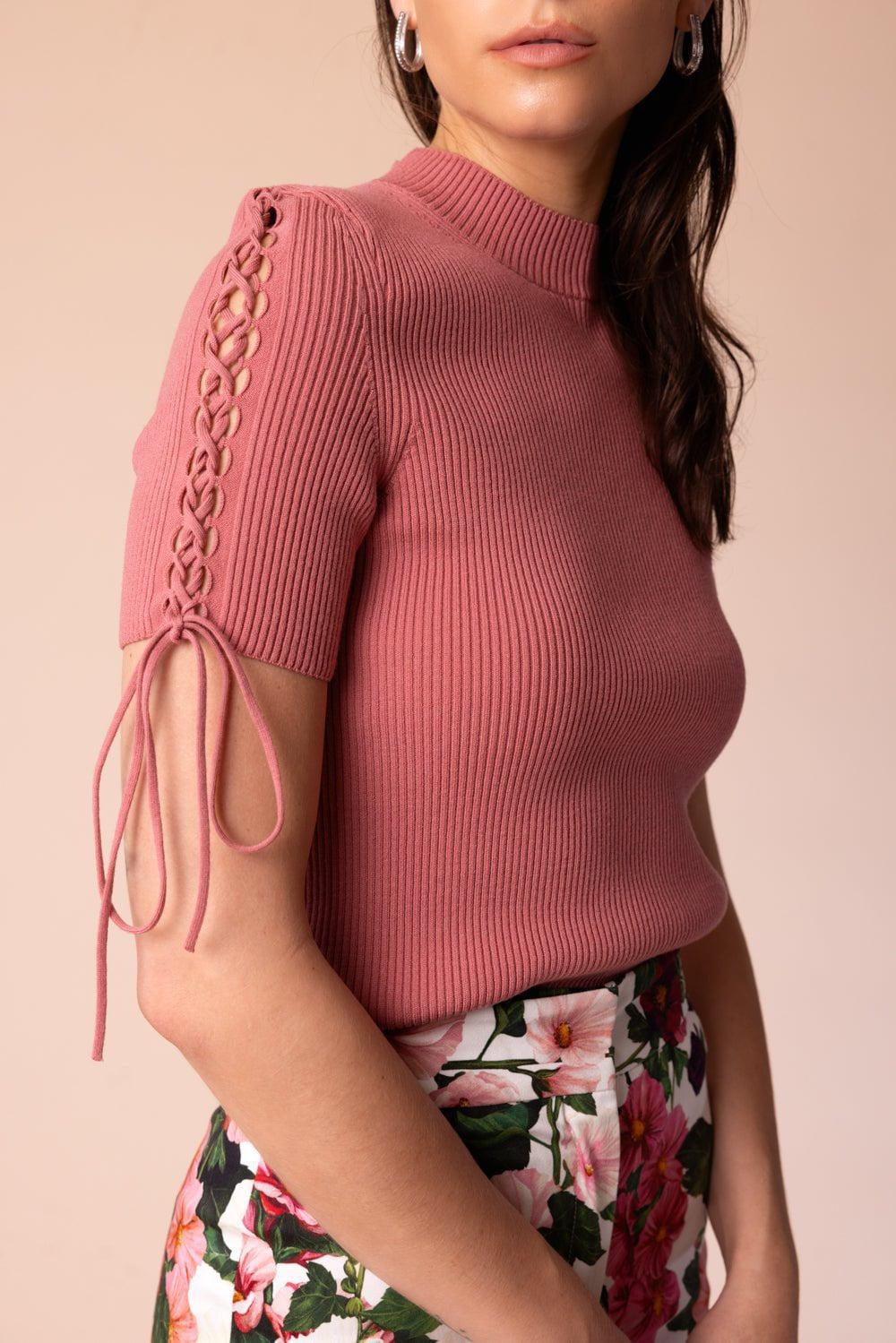 OSCAR DE LA RENTA-Tie Detail Ribbed Jumper-DRK ROSE