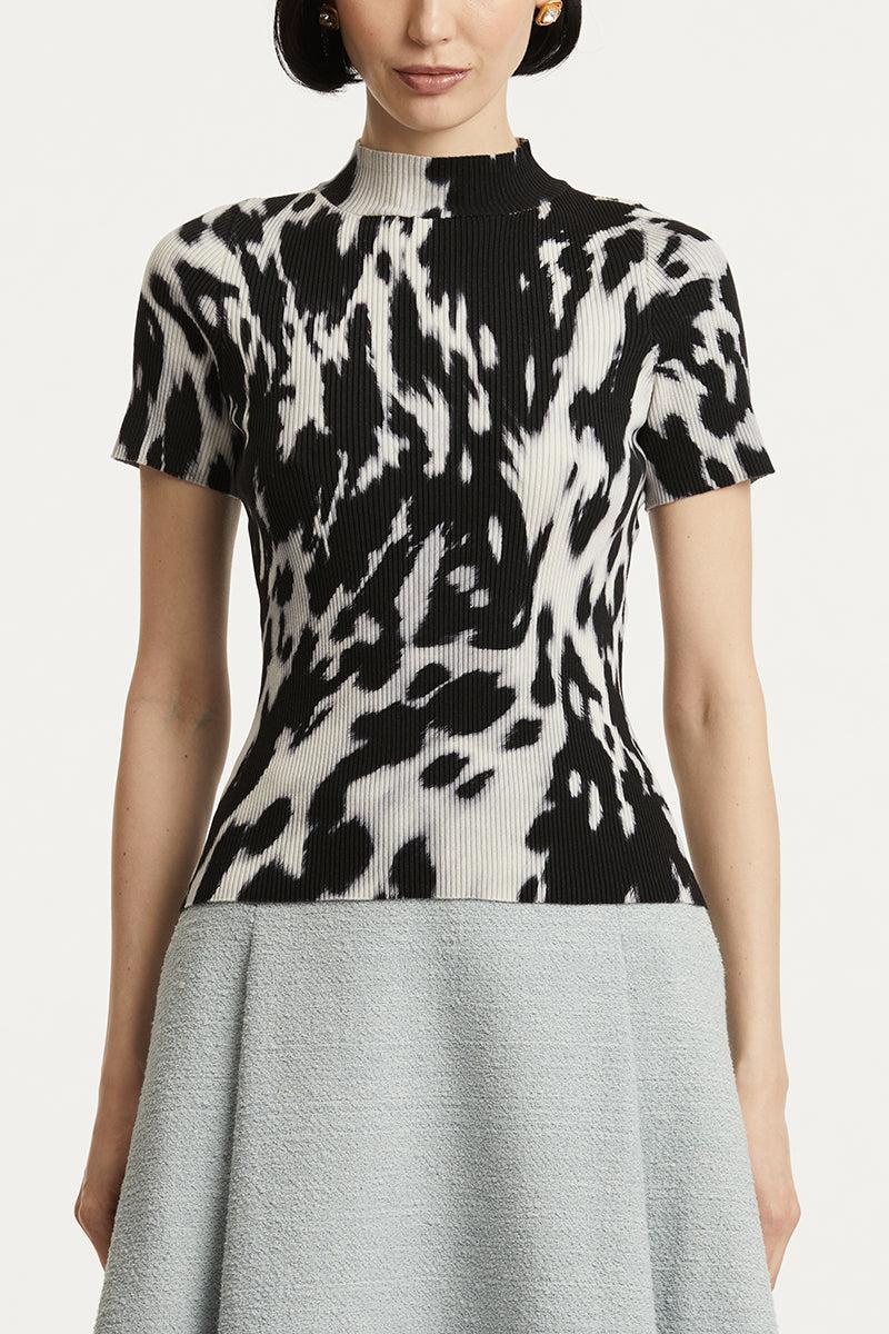 Cow Print Classic Mockneck Short Sleeve Tee-ECRU/BLK-S-CLOTHINGTOPKNITS-OSCAR DE LA RENTA