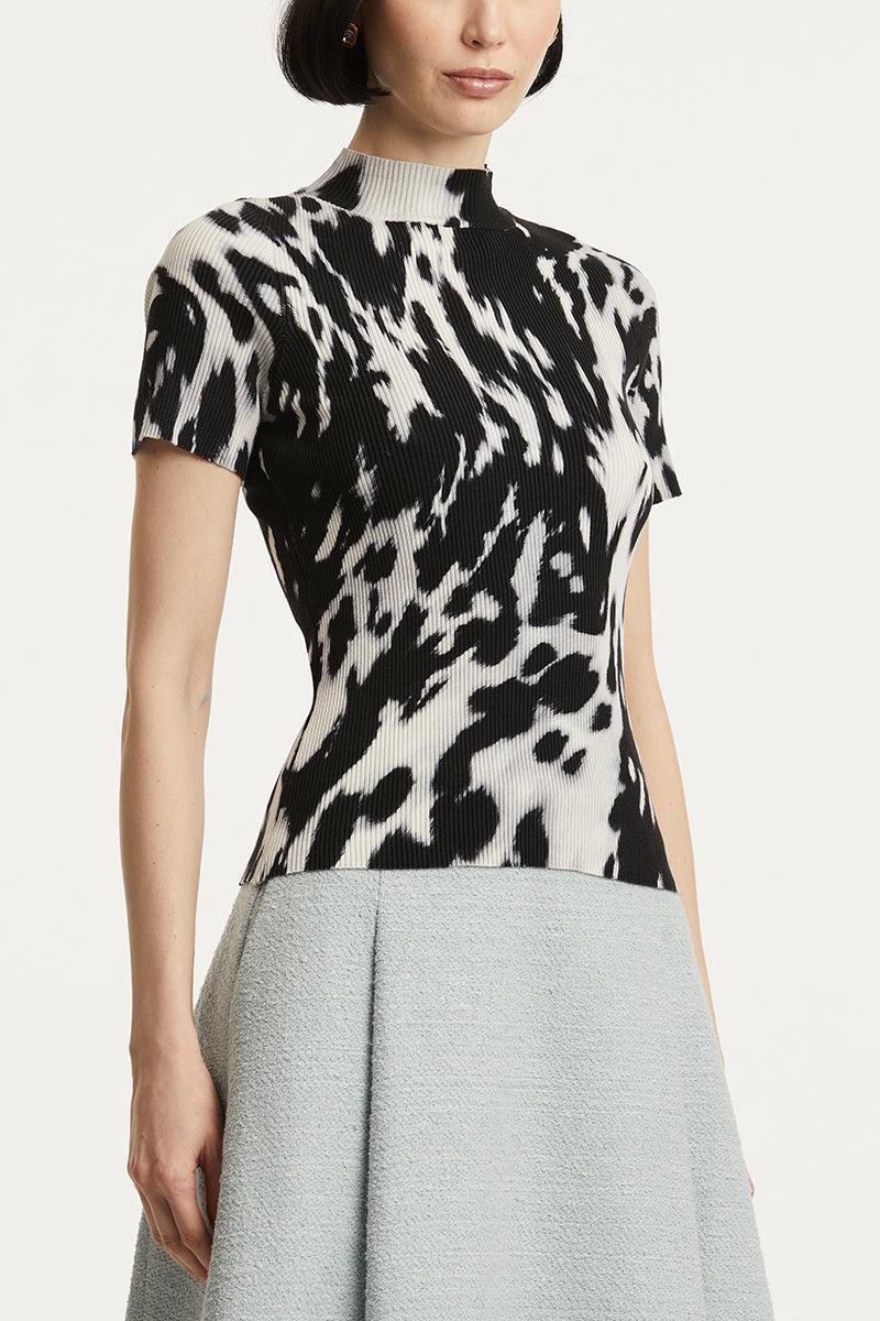 Cow Print Classic Mockneck Short Sleeve Tee-ECRU/BLK-S-CLOTHINGTOPKNITS-OSCAR DE LA RENTA