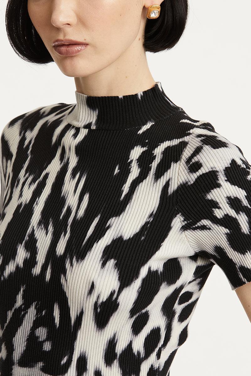 Cow Print Classic Mockneck Short Sleeve Tee-ECRU/BLK-S-CLOTHINGTOPKNITS-OSCAR DE LA RENTA