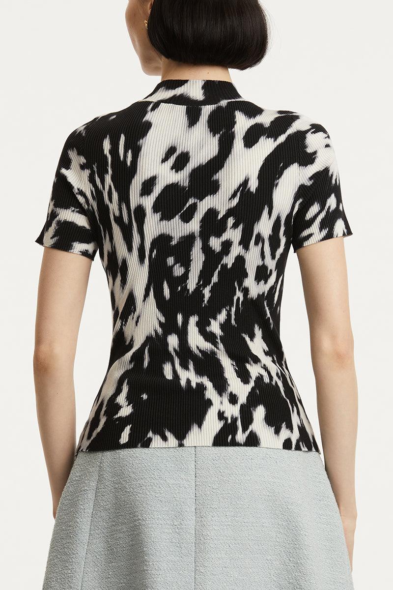 Cow Print Classic Mockneck Short Sleeve Tee-ECRU/BLK-S-CLOTHINGTOPKNITS-OSCAR DE LA RENTA