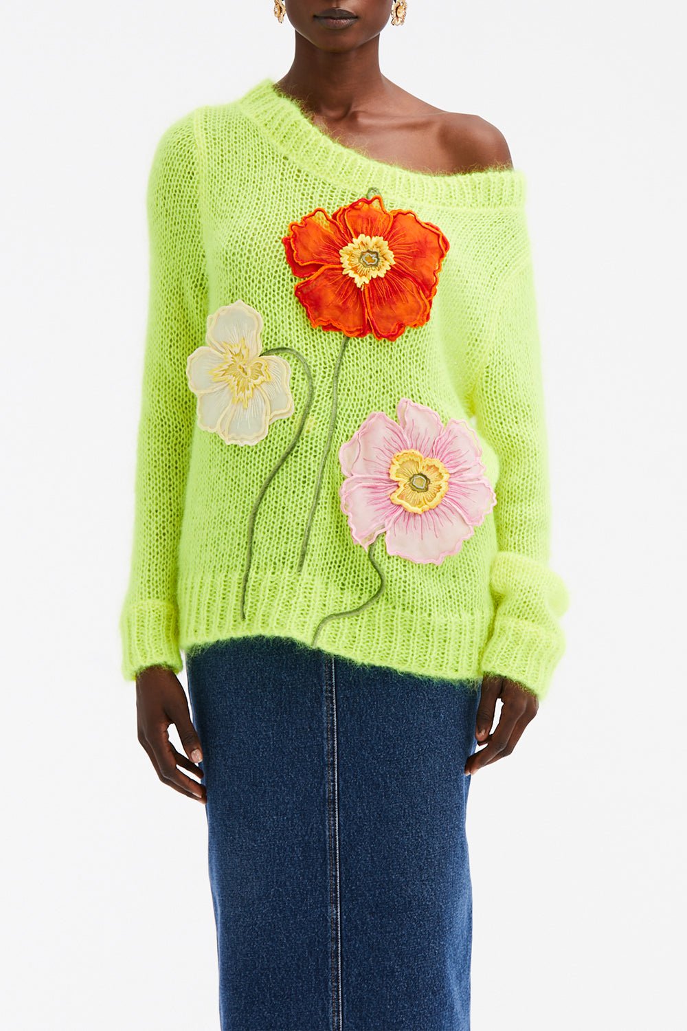 OSCAR DE LA RENTA-Off The Shoulder Poppy Embroidered Pullover-