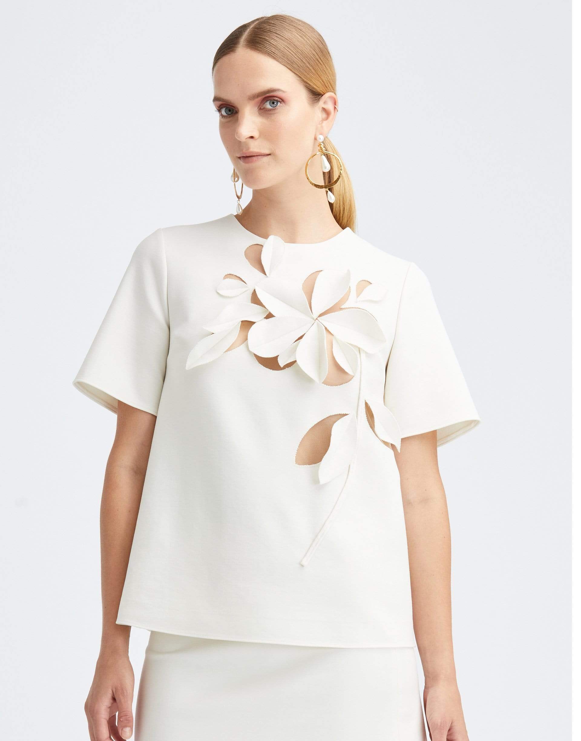 OSCAR DE LA RENTA-Ivory Crewneck Embroidered Top-