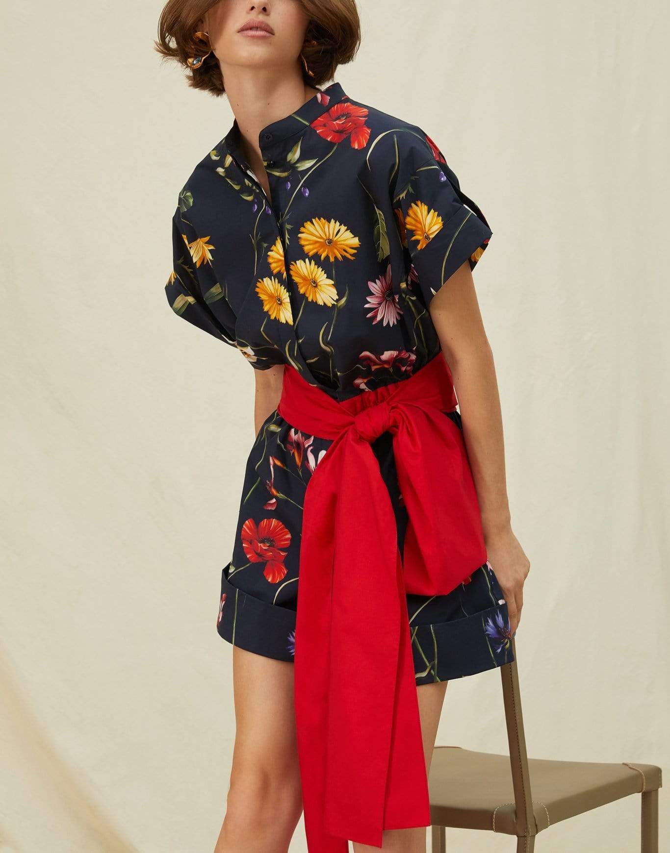 OSCAR DE LA RENTA-Short Sleeve Belted Floral Romper-NAVY MLT