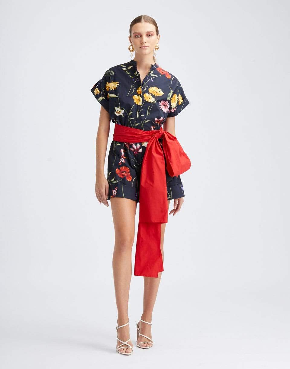 OSCAR DE LA RENTA-Short Sleeve Belted Floral Romper-NAVY MLT