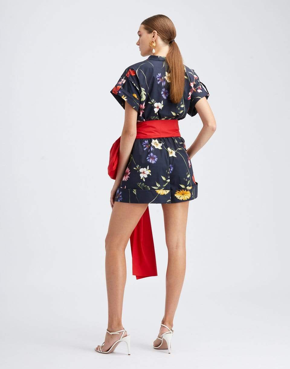 OSCAR DE LA RENTA-Short Sleeve Belted Floral Romper-NAVY MLT