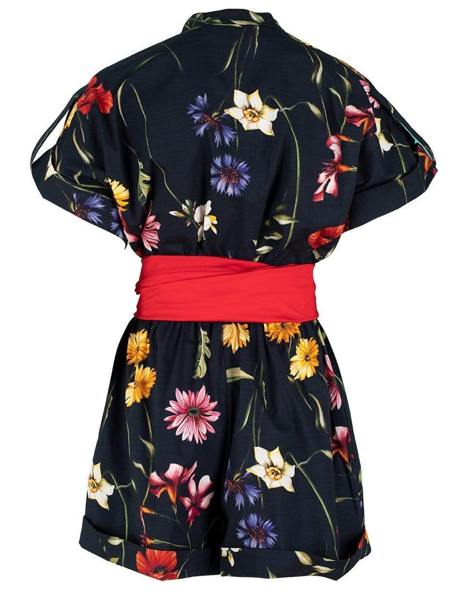 OSCAR DE LA RENTA-Short Sleeve Belted Floral Romper-NAVY MLT