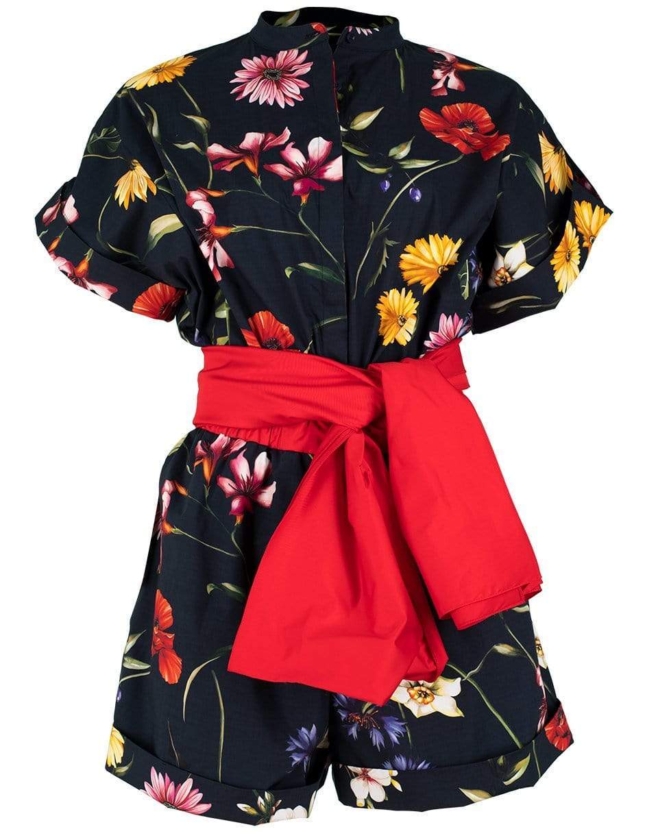 OSCAR DE LA RENTA-Short Sleeve Belted Floral Romper-NAVY MLT