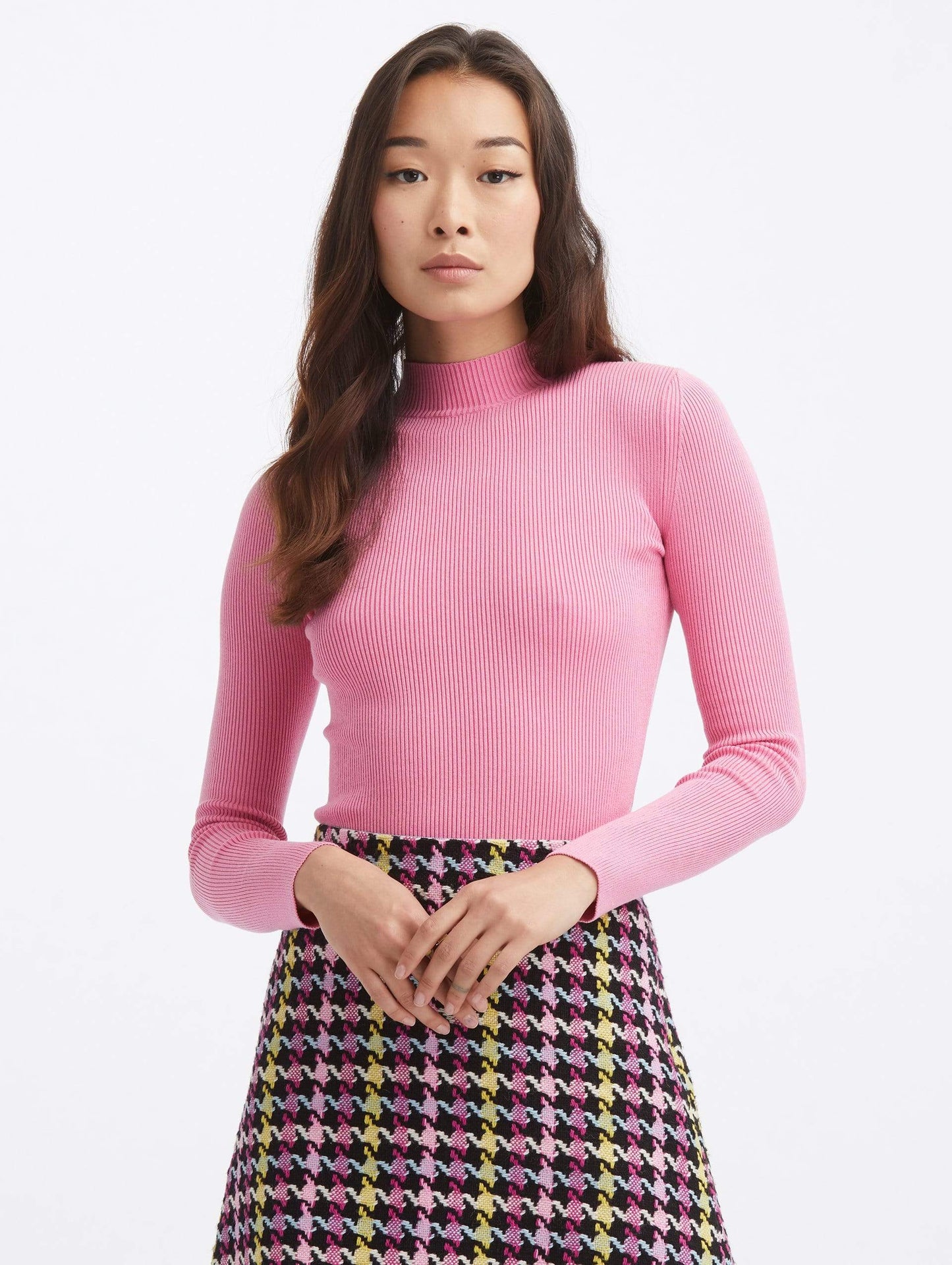 OSCAR DE LA RENTA-Mock Neck Long Sleeve Silk Pullover-
