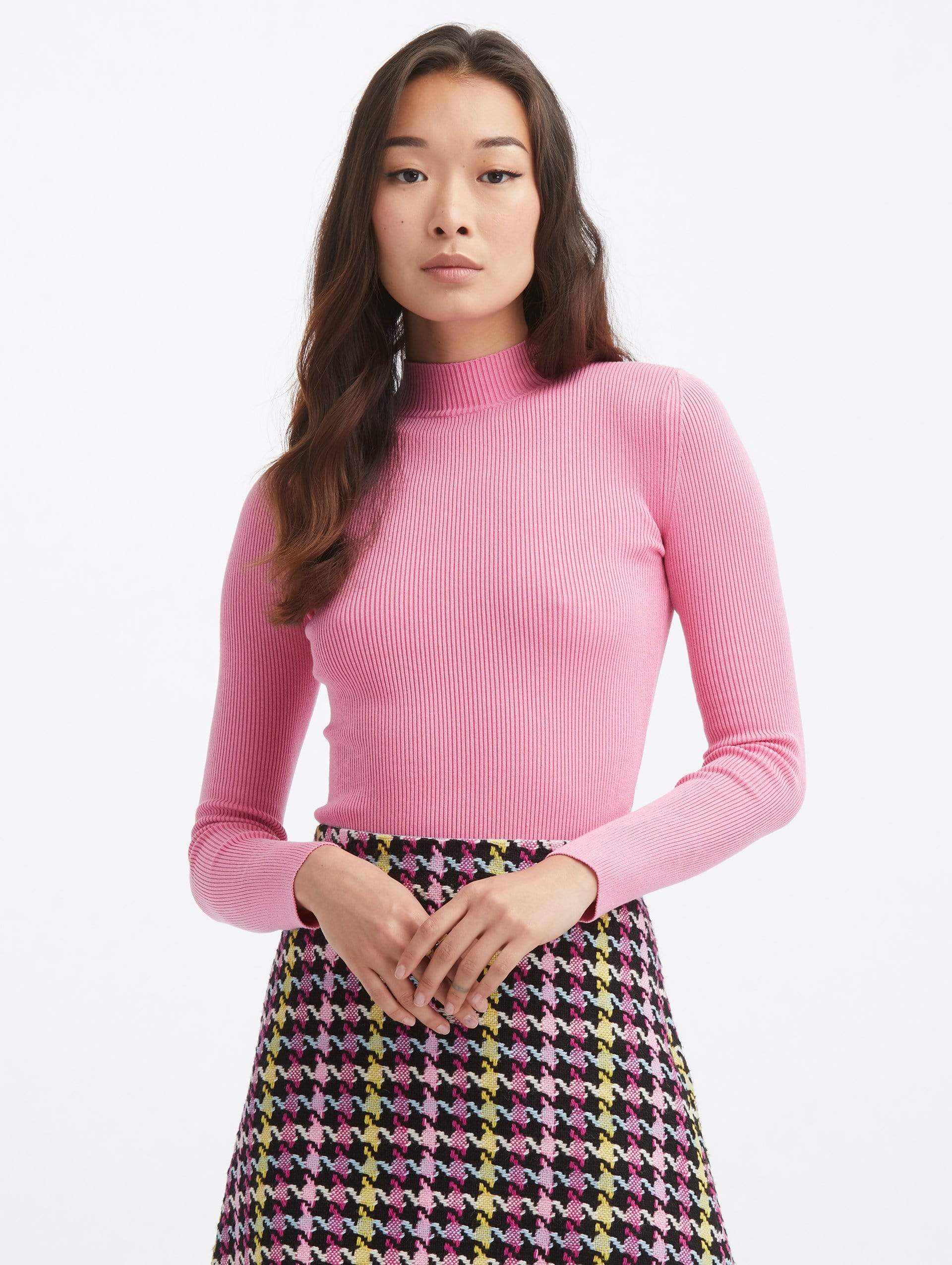 OSCAR DE LA RENTA-Mock Neck Long Sleeve Silk Pullover-