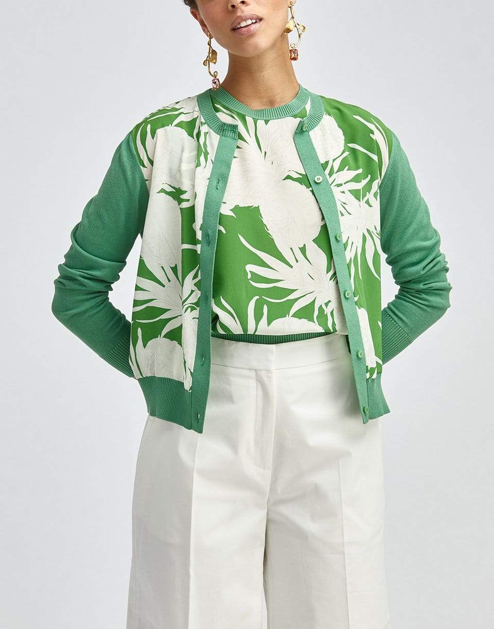 OSCAR DE LA RENTA-Kelly Green Palm Print Sleeveless Crewneck Top-