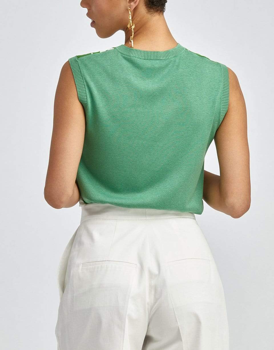 OSCAR DE LA RENTA-Kelly Green Palm Print Sleeveless Crewneck Top-