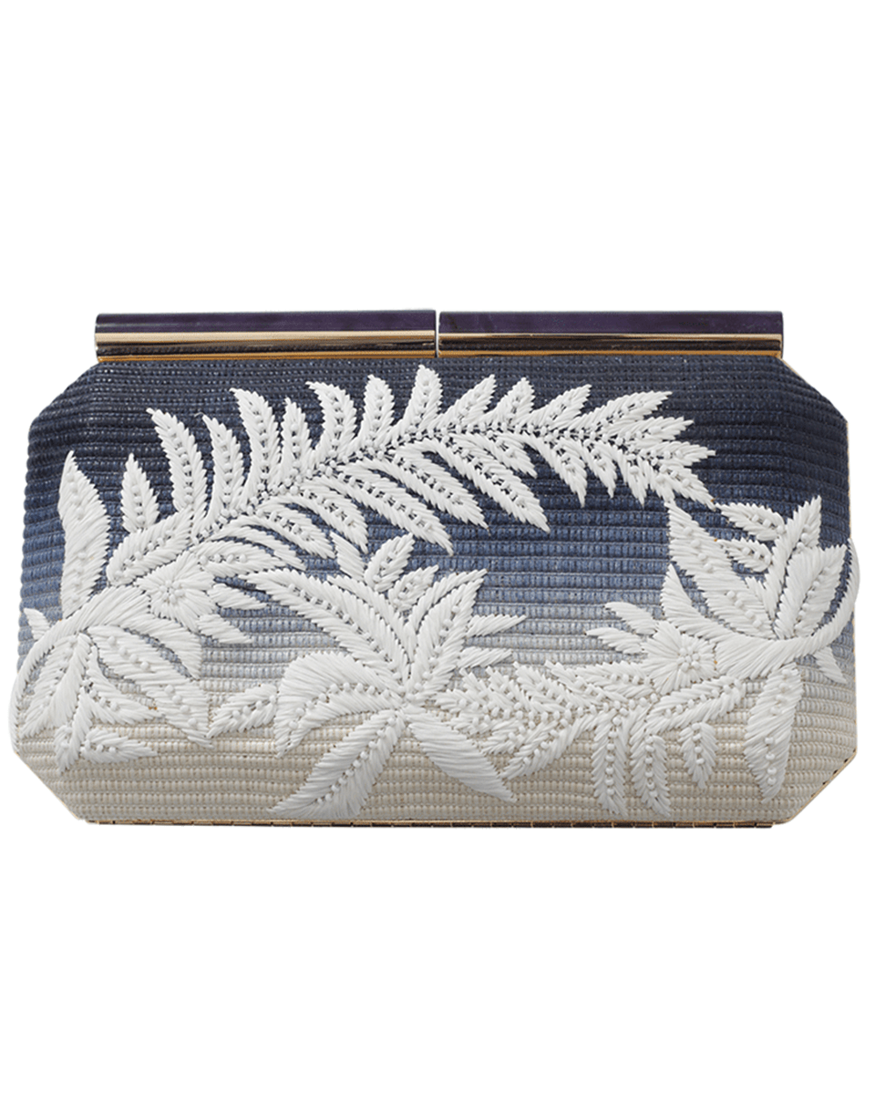 OSCAR DE LA RENTA-Saya Floral Embroidered Raffia Clutch-BLUE