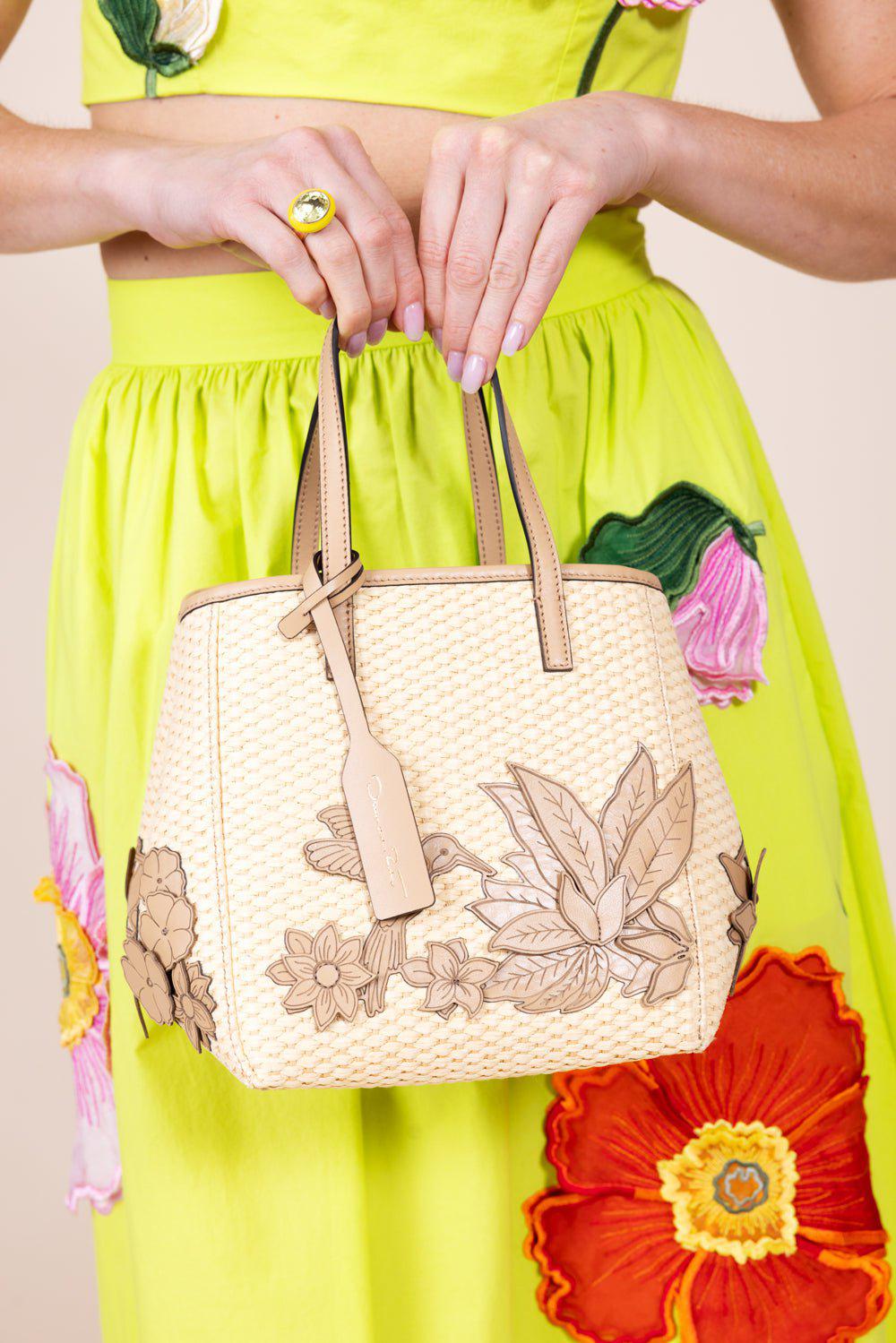 OSCAR DE LA RENTA-Small Floral Applique Square Tote-NAT/COGN